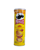 Gele Pringles koker met Hot Honey smaak, honingdruppel en chilipeper illustratie