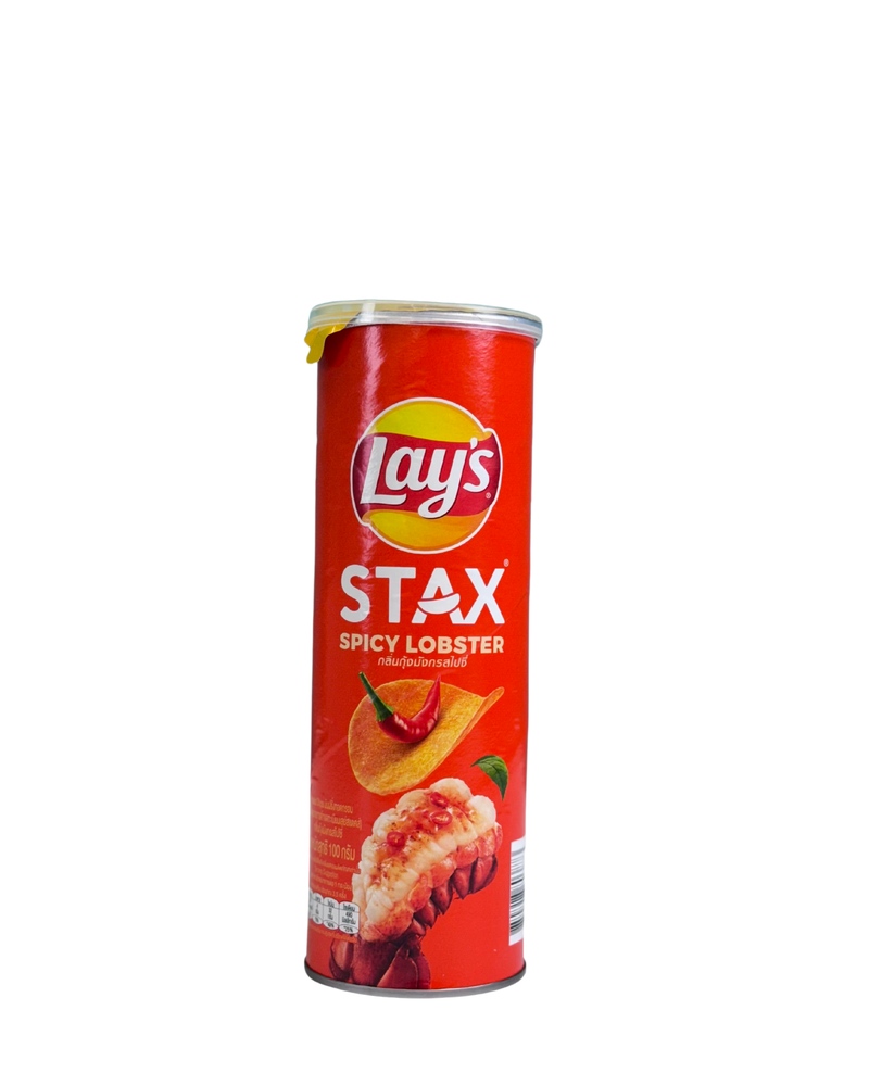 Rode Lay’s Stax koker met Spicy Lobster smaak en illustratie van kreeft en chili