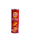 Rode Lay’s Stax koker met Hot Chili Squid smaak en afbeelding van inktvis en chili