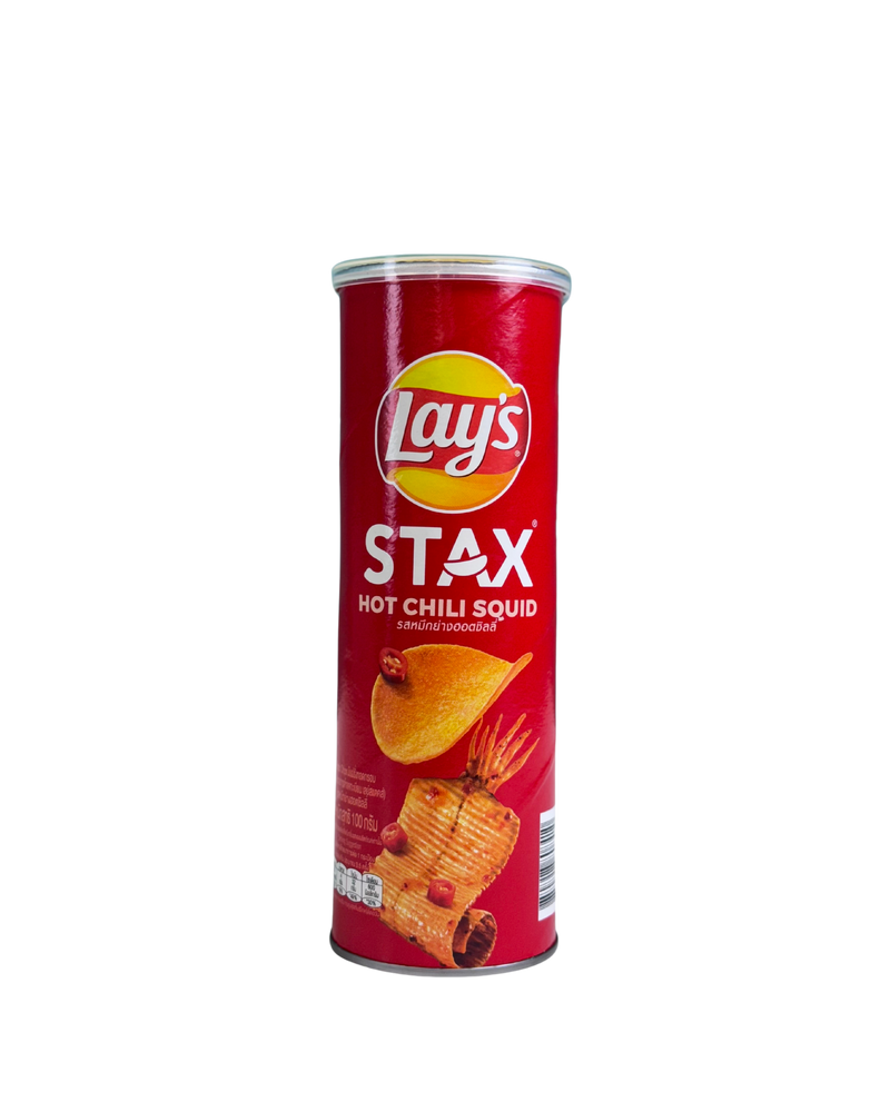 Rode Lay’s Stax koker met Hot Chili Squid smaak en afbeelding van inktvis en chili