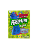 Groene doos Fruit Roll-Ups Sour met blauwe en rode fruittapes in de smaken Blue Razzberry en Berry Punch
