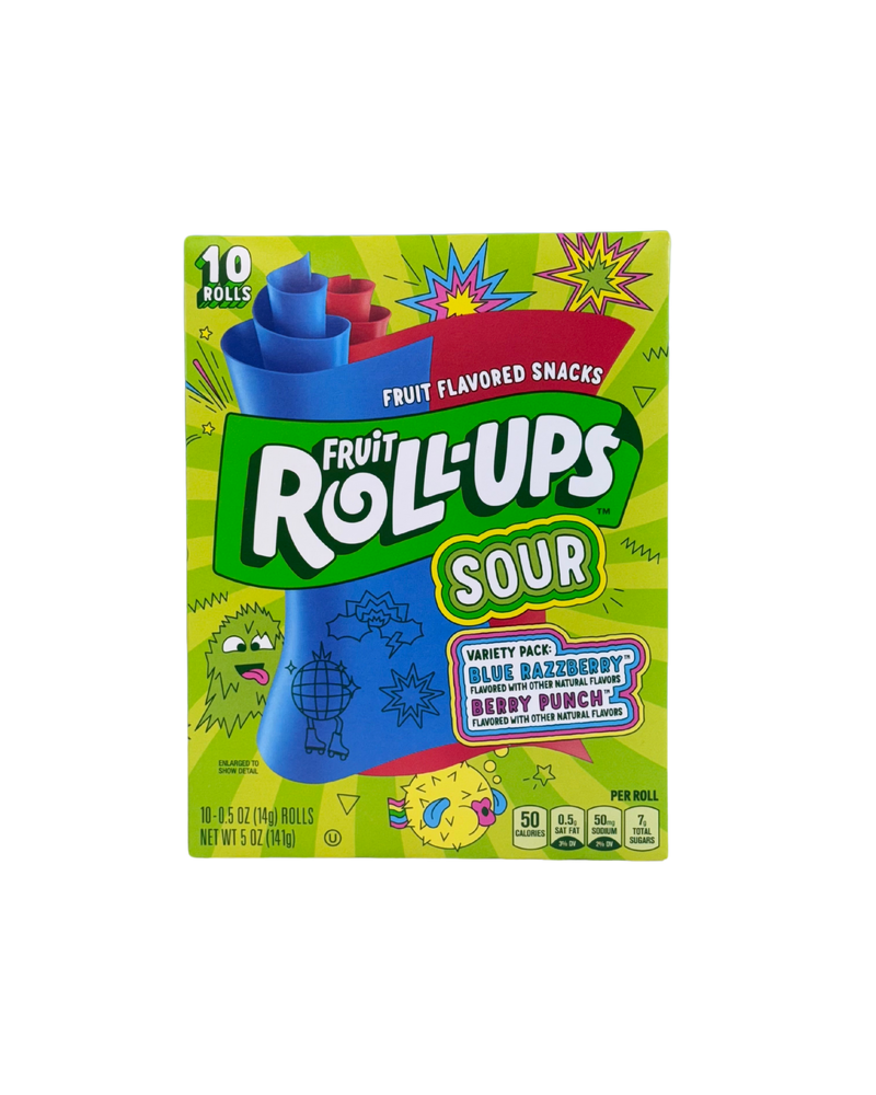 Groene doos Fruit Roll-Ups Sour met blauwe en rode fruittapes in de smaken Blue Razzberry en Berry Punch