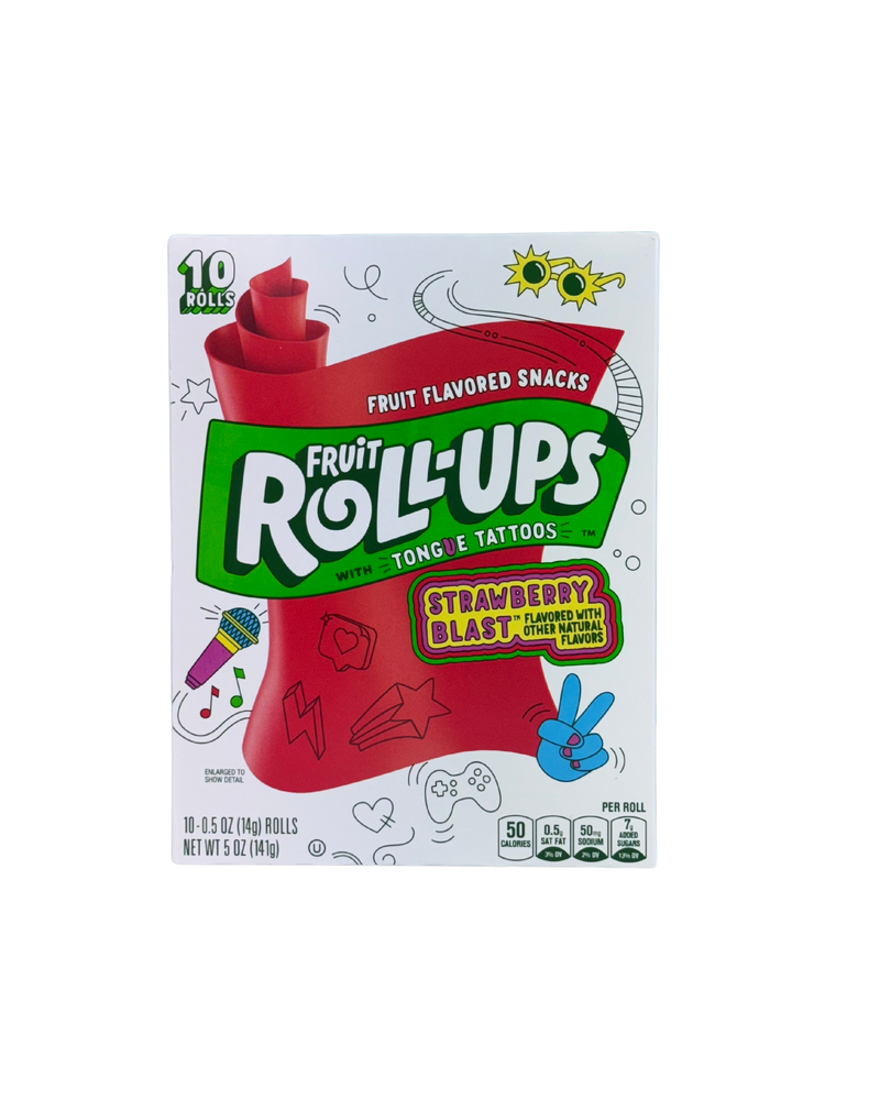Doos Fruit Roll-Ups Strawberry Blast met tongue tattoos en rode fruitrol