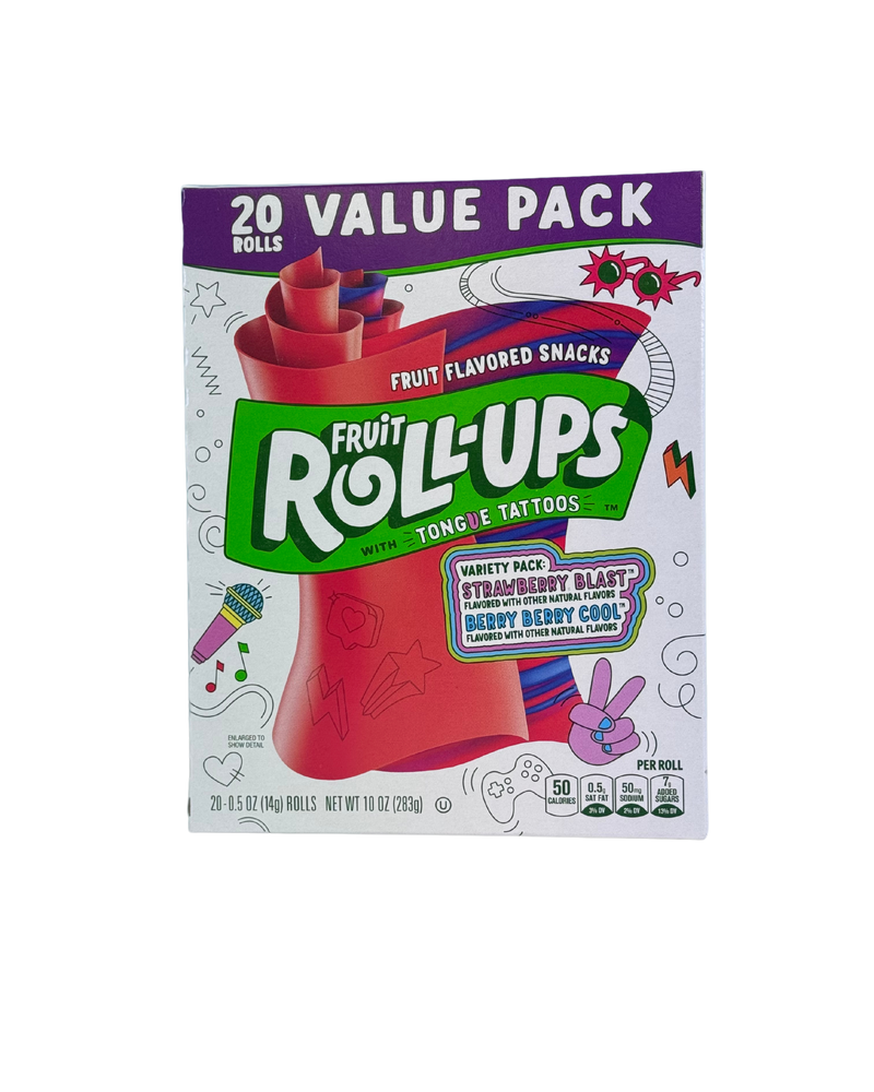 Grote doos Fruit Roll-Ups met 20 rollen in de smaken Strawberry Blue en Berry Berry Cool