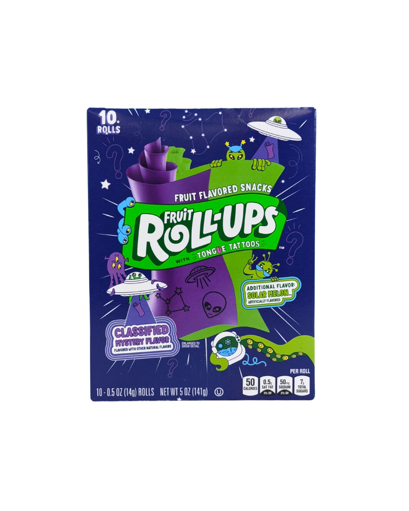 Paarse Fruit Roll-Ups doos met alien thema en geheime smaken
