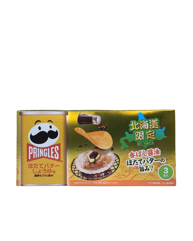 Goudgroene Japanse Pringles-verpakking met schelp, sojasaus en Hokkaido-map