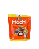 Oranje verpakking met Royal Family mochi en maple pancake illustratie