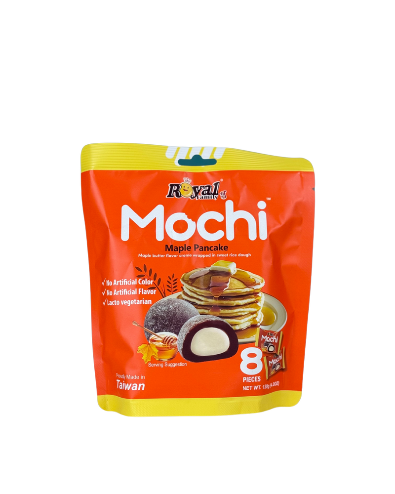 Oranje verpakking met Royal Family mochi en maple pancake illustratie