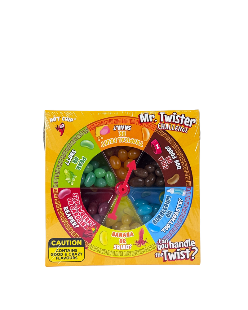 Doos met draaiwiel en verschillende smaken jelly beans van Mr. Twister