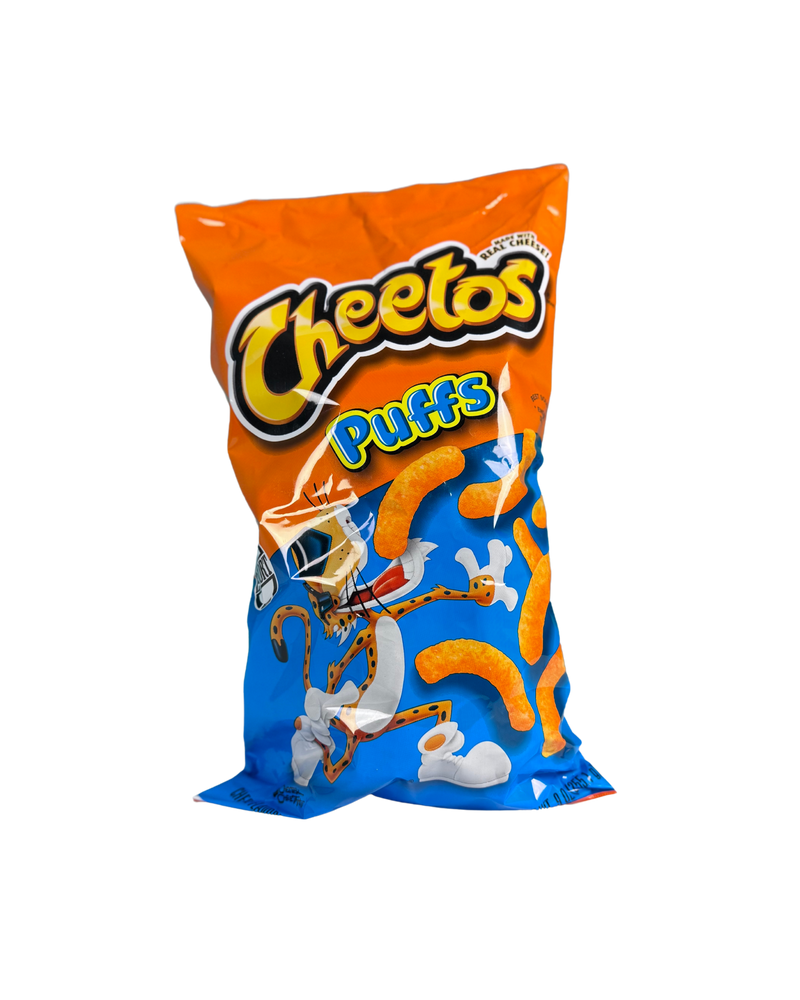 Oranje-blauwe Cheetos zak met Chester Cheetah en luchtige cheese puffs