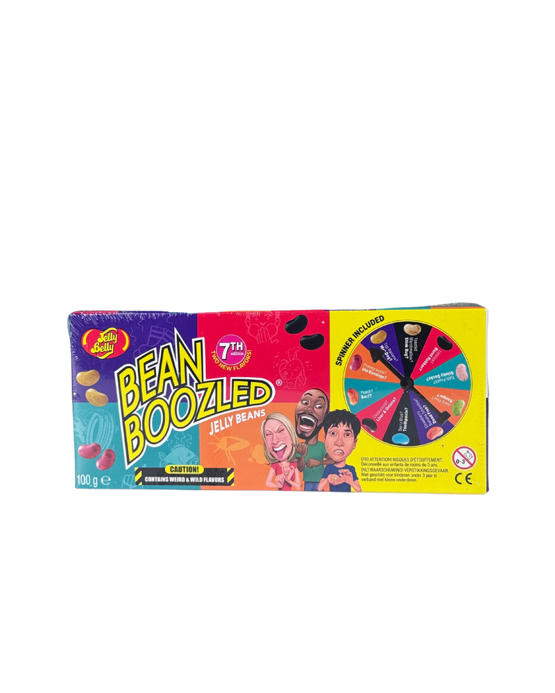 Verpakking van Bean Boozled 7e editie met kleurrijke jelly beans en draaischijf