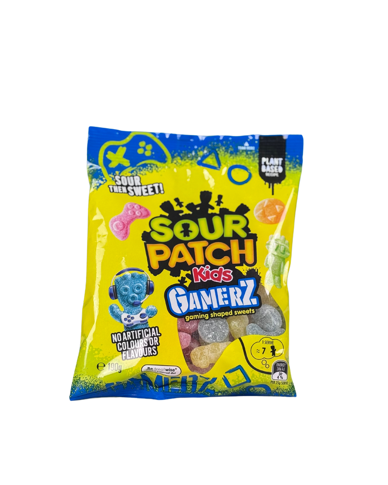 Gele zak Sour Patch Gamerz snoep met gamingvormige zuur-snoepjes en headset character