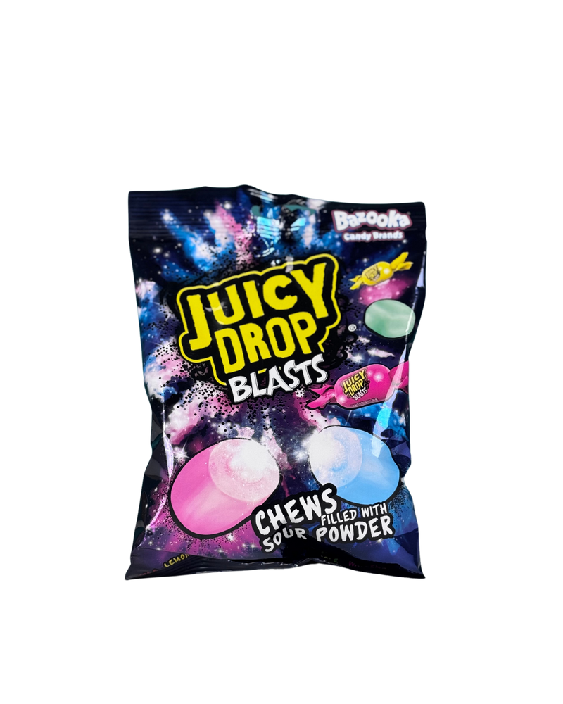 Donkere ruimte-achtige zak met Juicy Drop Blasts snoepjes gevuld met zure poeder