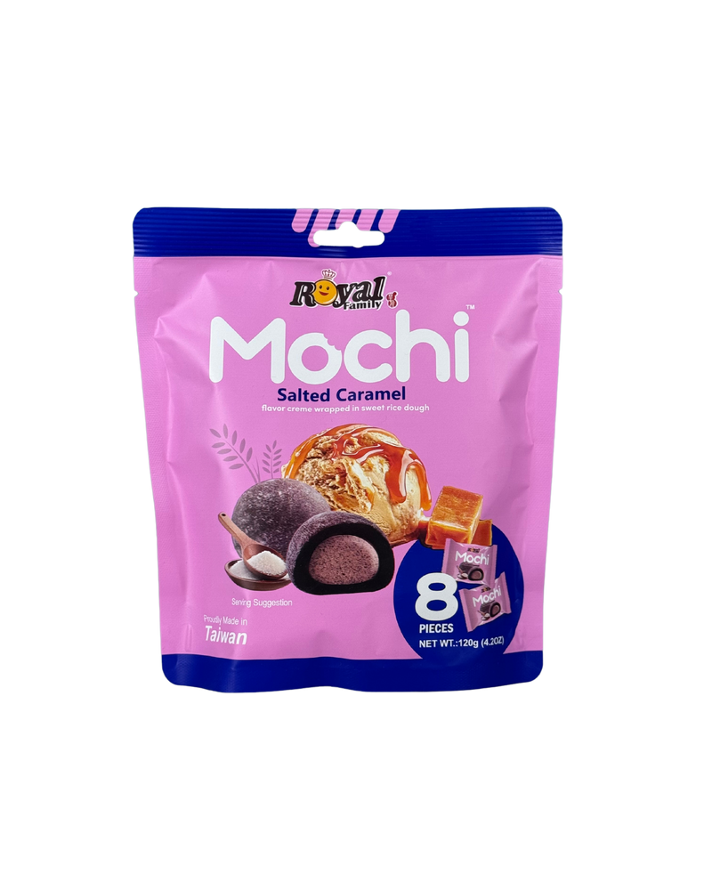 Roze verpakking Royal Family Mochi met karamel, ijs en mochi erop afgebeeld