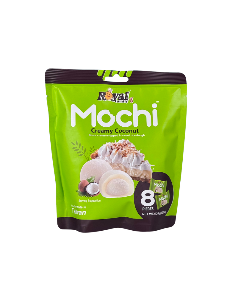 Groene verpakking Royal Family Mochi met kokosnoot, roomtaart en mochi’s afgebeeld