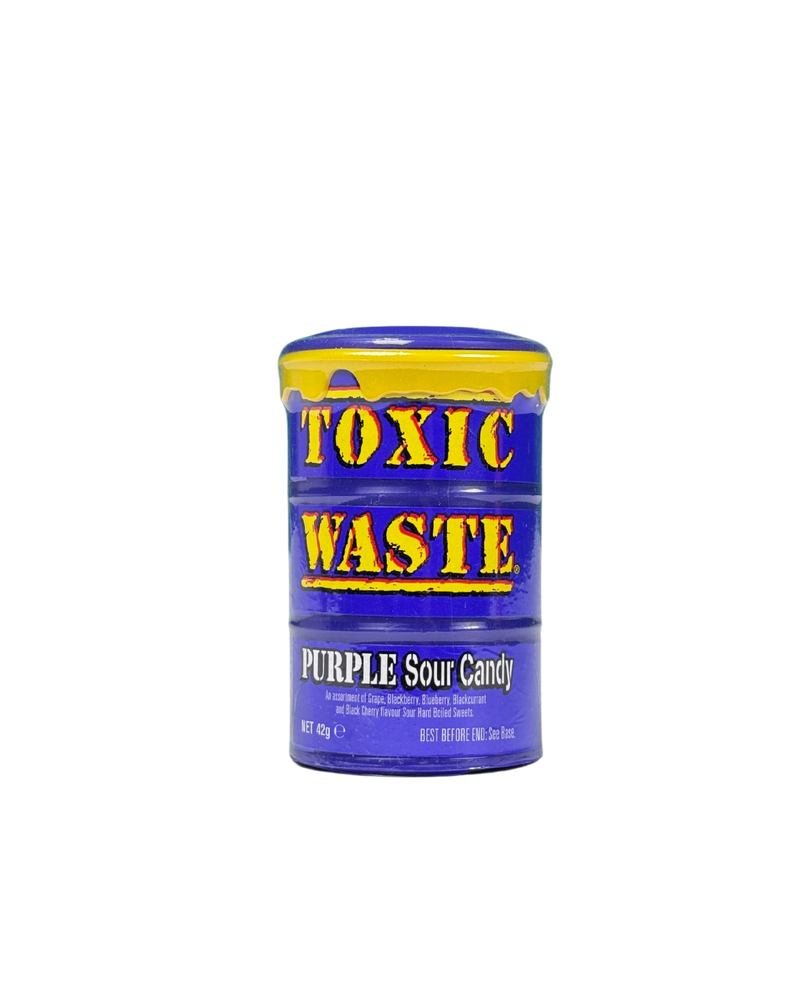 Paarse tonvormige verpakking met Toxic Waste Purple Sour Candy