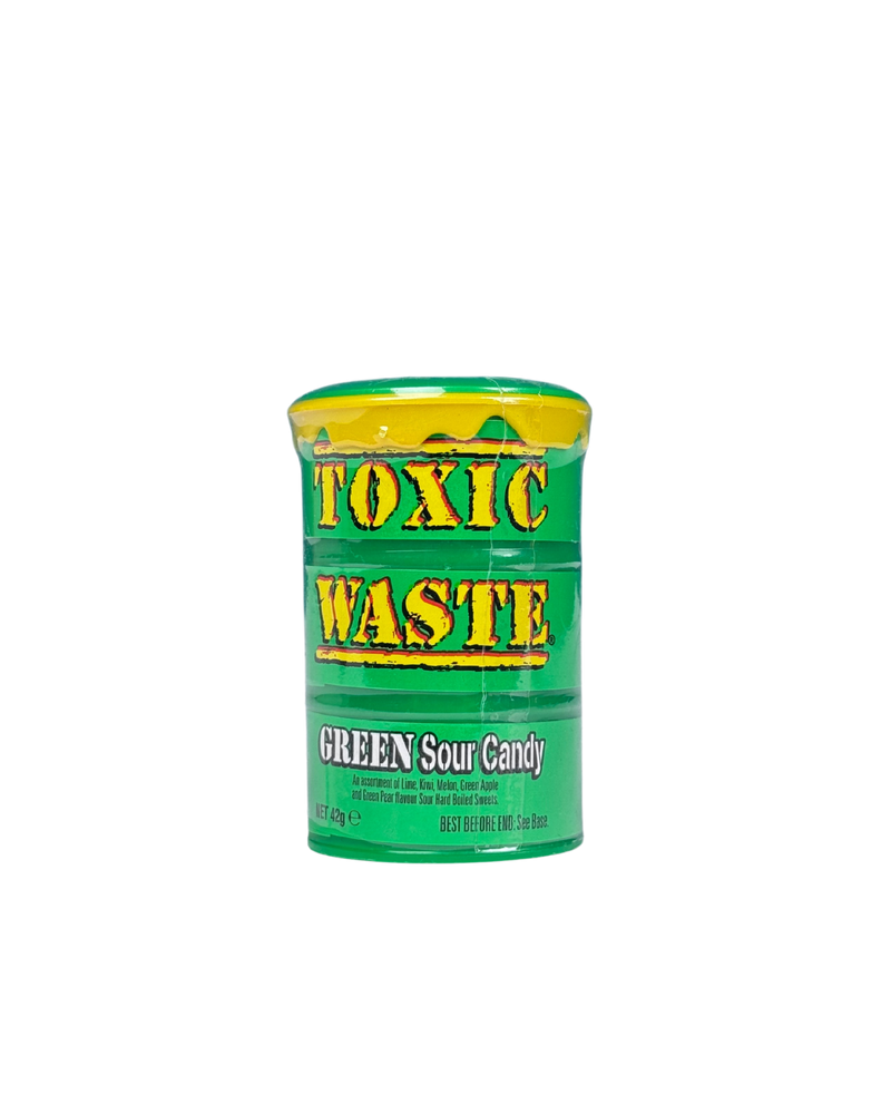 Groene tonvormige verpakking met Toxic Waste Green Sour Candy