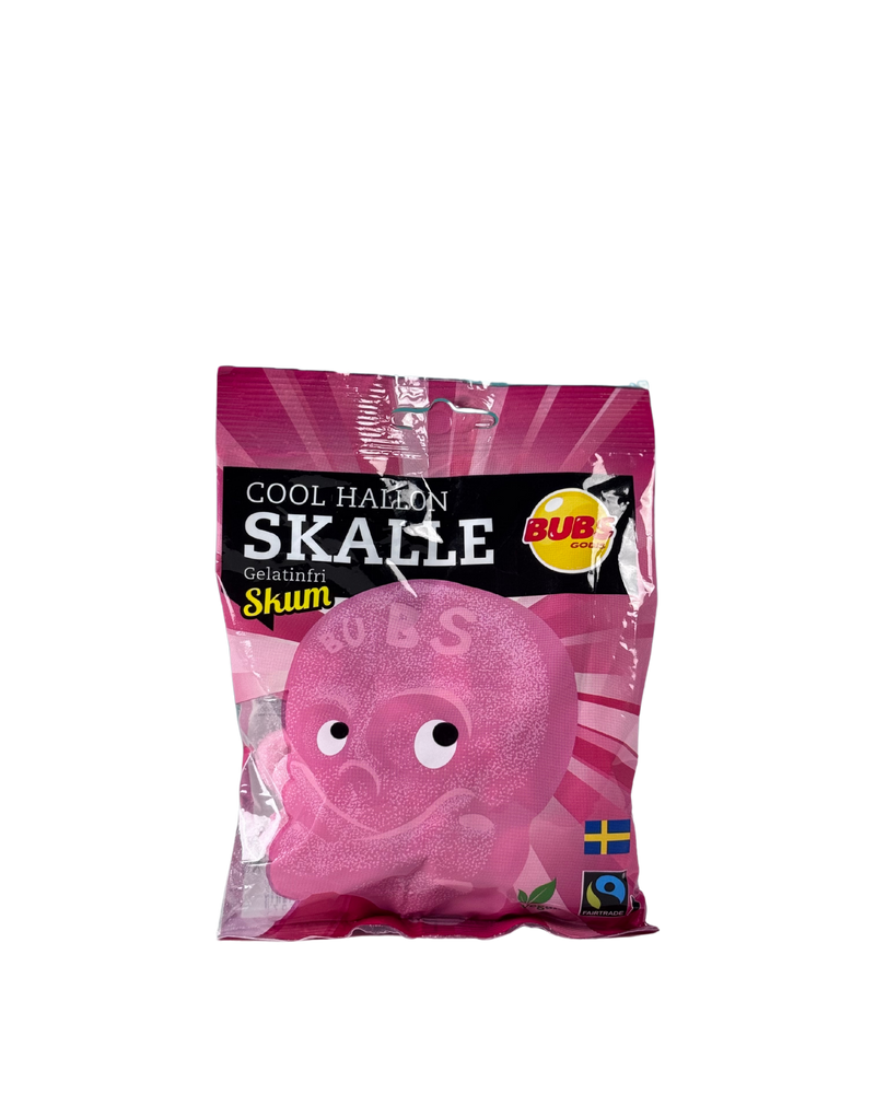 Roze zak BUBS Cool Hallon Skalle met een schuimige skull snoepje