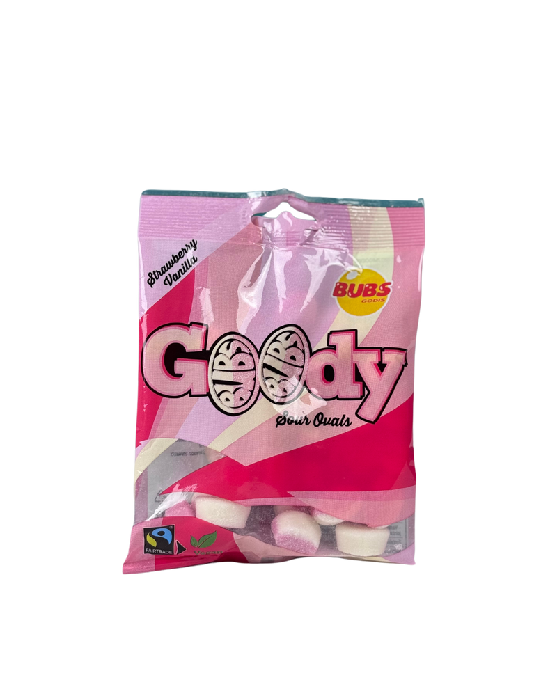 Roze zak Bubs Goody met roze-witte ovale snoepjes