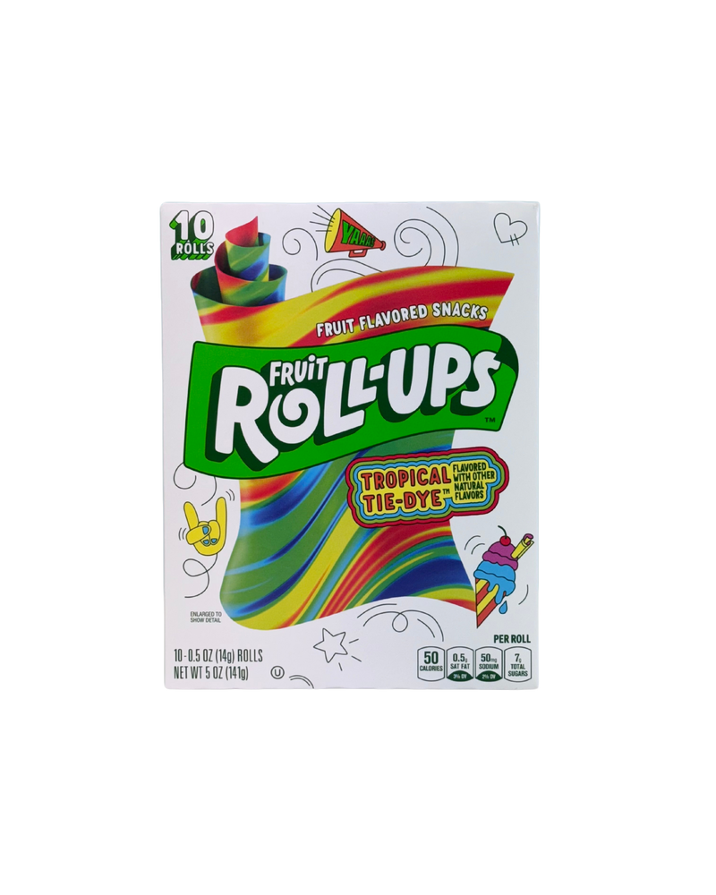Doos Fruit Roll-Ups Tropical Tie-Dye met regenboogkleuren op witte achtergrond